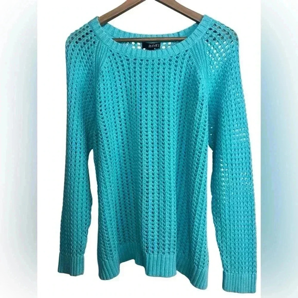 a.n.a A New Approach Women's 1X Blue Open Knit Long Sleeve Scoop Neck Sweater - Picture 1 of 11